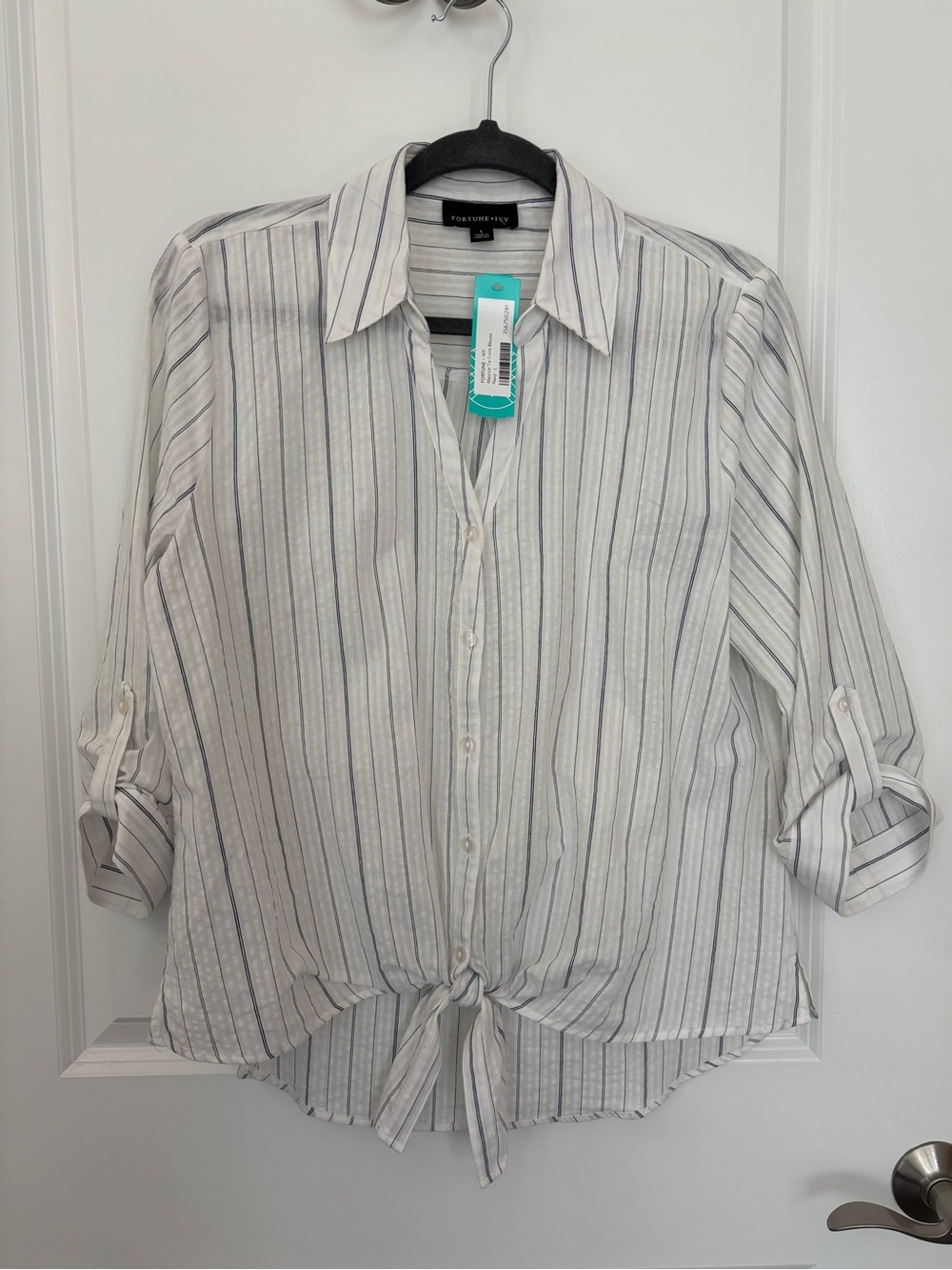 Fortune + Ivy blue and white front tie, striped button-down shirt. Size large